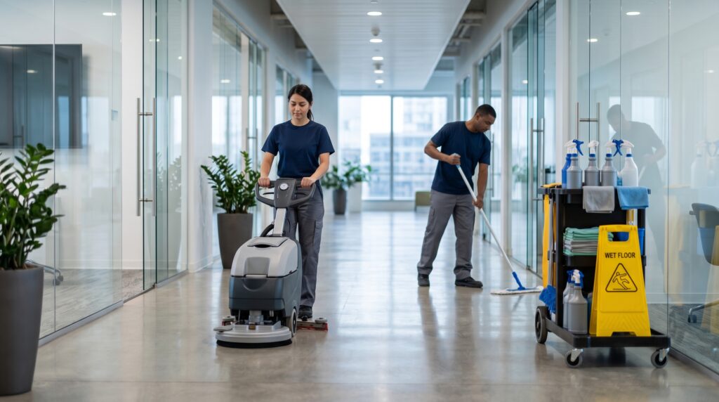 Commercial janitorial cleaning services by PGcom in an office building