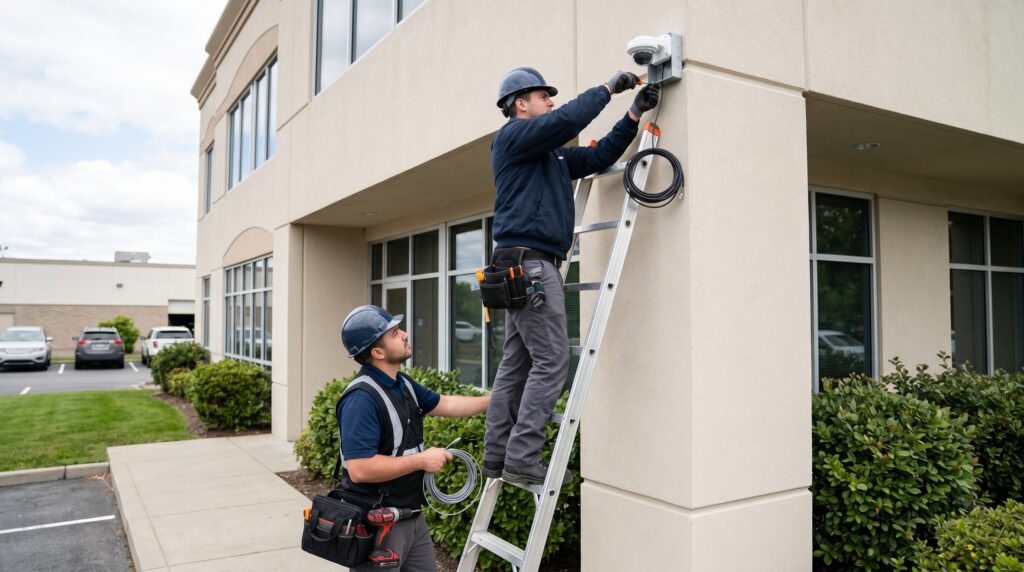Licensed PGcom security guard on patrol at a commercial property in BC