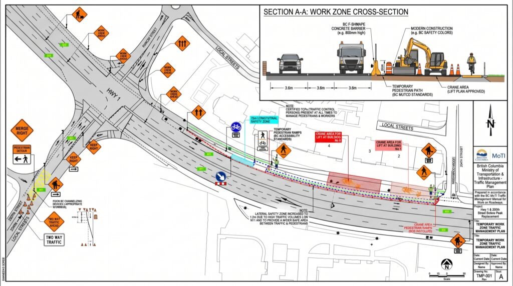 PGcom traffic planner reviewing a Traffic Management Plan for a BC construction site